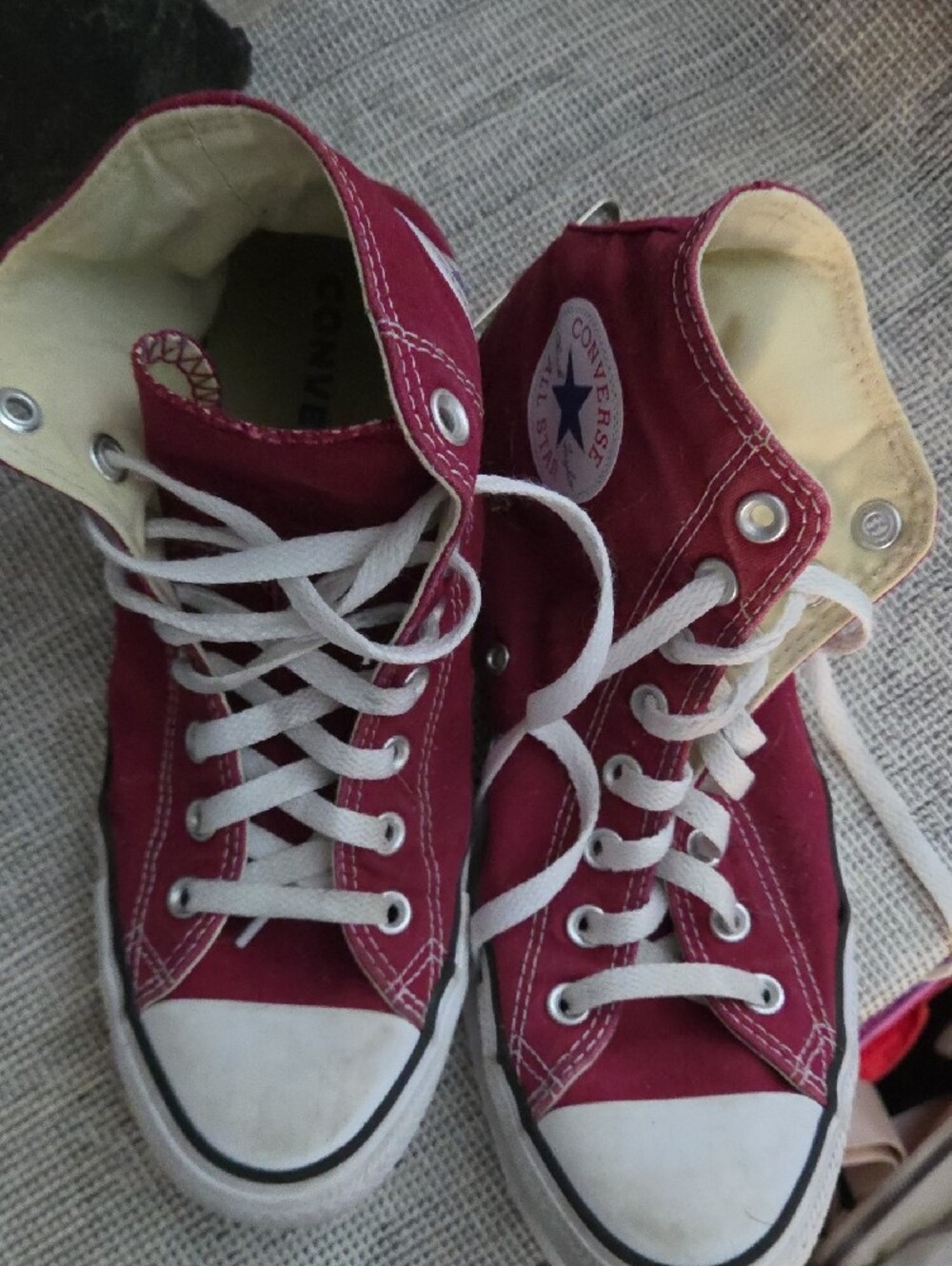 Converse Womens Burgundy High-Top Sneakers with White Accents - Picture 2 of 5